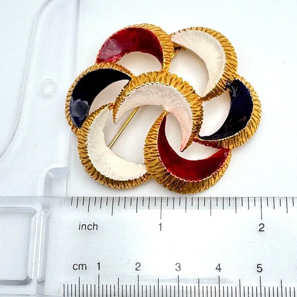 Gold-Tone Red White & Blue Brooch Pin Enamel Crescent Design Vintage - Picture 2 of 6